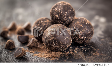 Dark chocolate truffles on slate Dark chocolate truffles on slate 129961107