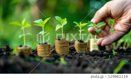 Plants growing on stacked coins Plants growing on stacked coins 129961119