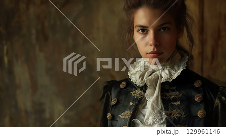 Woman in vintage dress and somber look. Woman in vintage dress and somber look. 129961146