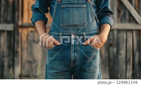 Person in denim overalls with hands in pockets. Person in denim overalls with hands in pockets. 129961149