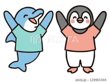 万歳するイルカとペンギン 万歳するイルカとペンギン 129961484