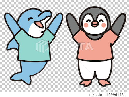 海豚和企鵝歡呼 129961484