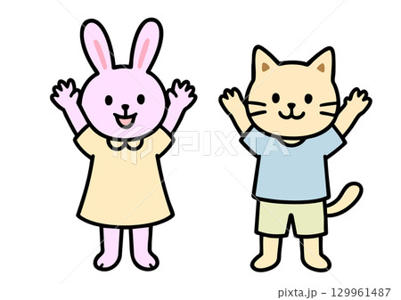 うさぎとねこのキャラクターが両手をあげているイラスト 129961487