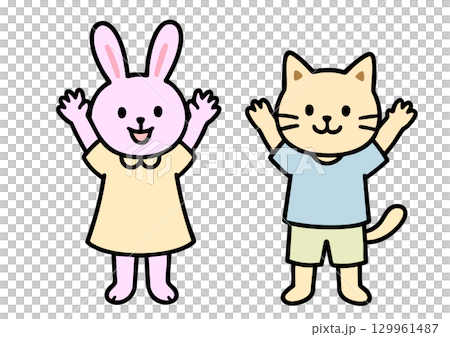 うさぎとねこのキャラクターが両手をあげているイラスト 129961487