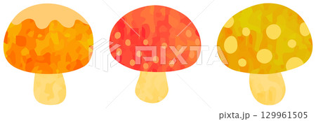 模様の入った小さなキノコのイラストセット オレンジ色・赤色・黄色 129961505