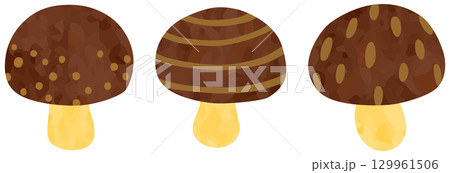 模様の入った茶色のキノコのイラストセット 小さめ ベクター素材 129961506