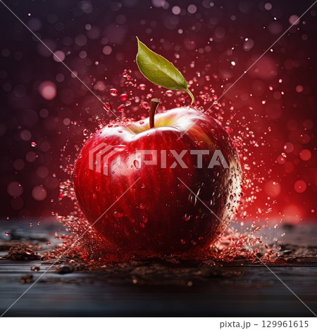 Splashing Red Apple Still Life A Burst of Freshness and Vibrant Color Photography. 129961615
