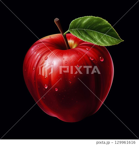 Fresh Red Apple with Water Droplets Isolated on Black Background, Healthy Eating Still Life 129961616