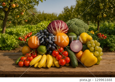 A Variety of Fresh and Healthy Fruits and Vegetables Grown in a Private Garden. Farm-to-Table Concept with a Bounty of Produce. 129961888