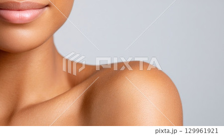 Close-up of woman shoulder and lips with smooth skin Close-up of woman shoulder and lips with smooth skin 129961921