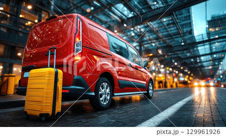 Red minivan taxi with yellow luggage at city airport 129961926