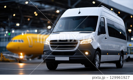 White airport shuttle van with airplane in background 129961927