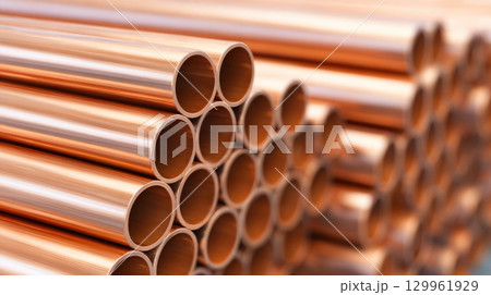 Shiny copper pipes stacked together Shiny copper pipes stacked together 129961929
