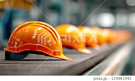 Orange Safety Helmets in Industrial Setting 129961942