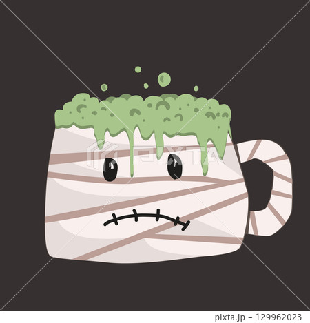 Funny mummy monster mug with a strange green drink. Halloween design element. Vector isolated illustration. 129962023