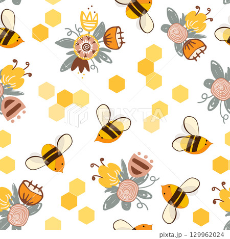 Cute cartoon honey bees, honeycombs and doodle meadow flower seamless pattern. Vector background illustration. Cute cartoon honey bees, honeycombs and doodle meadow flower seamless pattern. Vector background illustration. 129962024