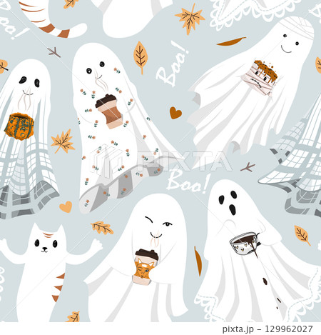 Funny cute sheet ghost holding hot drinks mugs seamless party. Halloween background vector illustration. Fall season aesthetic design. 129962027