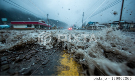 Heavy flood water on city street during storm Heavy flood water on city street during storm 129962069