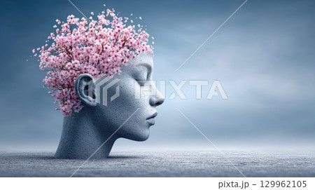 Surreal Stone Head with Blossoming Flowers Surreal Stone Head with Blossoming Flowers 129962105