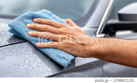 Hand wiping car with microfiber cloth Hand wiping car with microfiber cloth 129962128