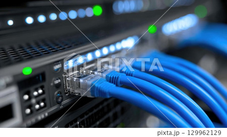 Network server with blue Ethernet cables 129962129