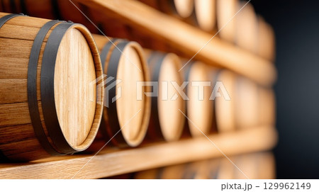 Wooden Barrels in Cellar 129962149
