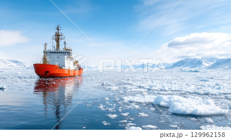 Icebreaker Ship in Arctic Landscape 129962158