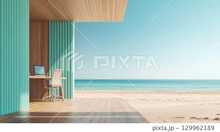 Modern coastal terrace with pastel design overlooking blue sea 129962189