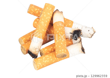 Pile of Cigarette Butts on White Background 129962359