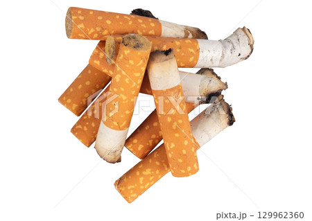Pile of Cigarette Butts on White Background 129962360