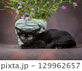 A small black kitten with huge green eyes poses with flowers on a brown background. Studio shooting 129962657