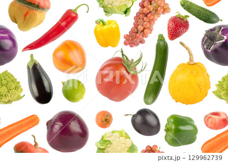 Seamless pattern of bright tasty ripe vegetables, fruits and berries isolated on white 129962739