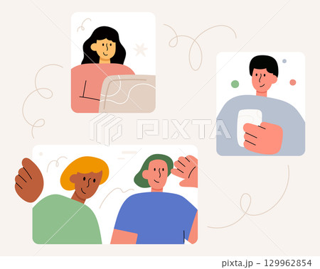 Flat design cartoon illustration of a business team in an online video conference meeting. Online business meeting concept. Vector flat cartoon style. 129962854