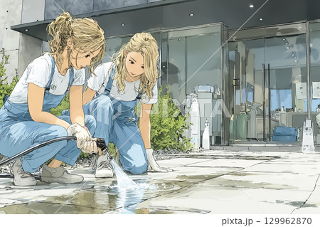 美容院スタッフがホースで歩道を水洗いするシーン 美容院スタッフがホースで歩道を水洗いするシーン 129962870