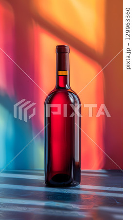 Glass bottle of red liquid on table by window, with cork stopper 129963360