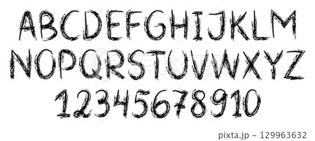 Crayon kids font, doodle playful alphabet with hand drawn letters and numbers. Wax crayon ABC Crayon kids font, doodle playful alphabet with hand drawn letters and numbers. Wax crayon ABC 129963632