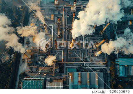 Aerial view of industrial factory chimneys emitting smoke at sunrise. Air pollution and climate change concept.  129963679