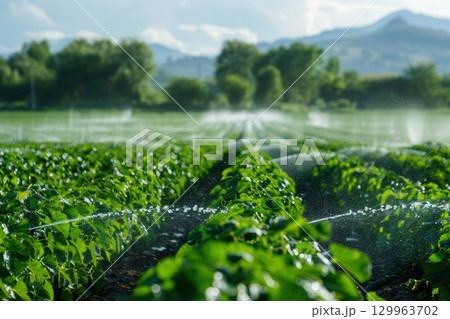 Green agricultural field with irrigation sprinklers watering crops on a sunny day, mountains in the background.  129963702