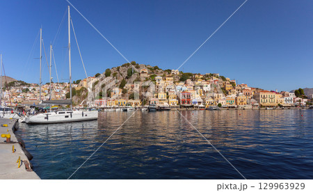 Panoramic View of Symi Harbor in Greece 129963929