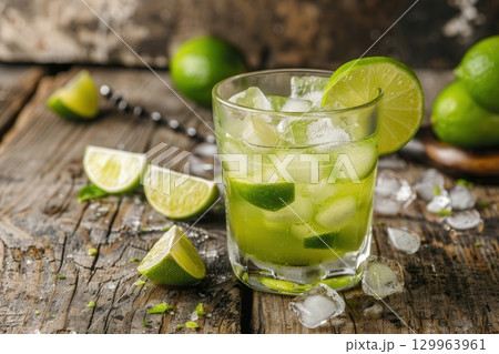 Refreshing cocktail with lime slices and ice cubes on rustic wooden table, close-up. 129963961