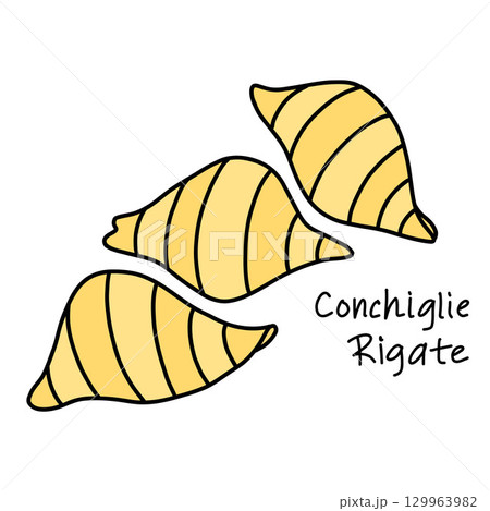 Striped Shells doodle illustration of Italian pasta Conchiglie Rigate in doodle style Striped Shells doodle illustration of Italian pasta Conchiglie Rigate in doodle style 129963982