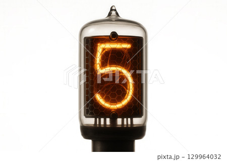 Vintage Nixie Tube Displaying Glowing Digit Five Vintage Nixie Tube Displaying Glowing Digit Five 129964032