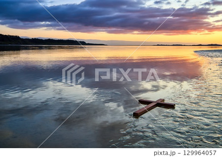 Wooden Cross Washup Reflection 129964057
