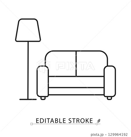 Lounge line icon with editable stroke. Vector outline of sofa and floor lamp. Minimalist symbol for hotel lobby, relaxation area, interior, comfort, living room, hospitality and leisure design. 129964192