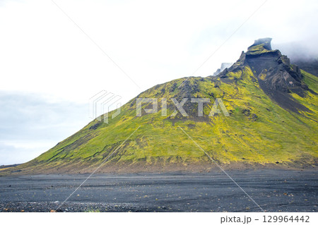 Green hills and volcanic terrain at the coastal region of Iceland during cloudy weather 129964442