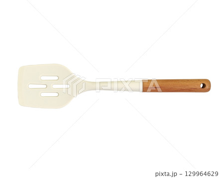 Minimal style kitchen spatula with white silicone head and wooden handle, isolated on white background 129964629