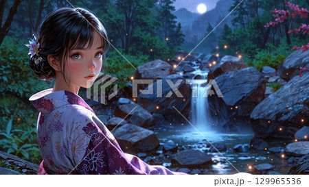 美しい夜景と着物の美女 129965536