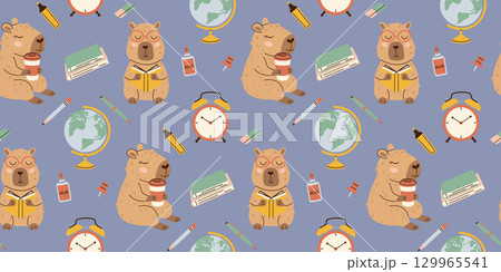 Seamless back to school pattern with cute capybaras reading and drinking coffee, blue background, doodle style, ideal for kids textiles, stationery, wrapping paper, wallpapers and school print designs 129965541