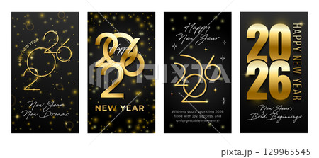 Elegant Happy New Year 2026 banner with glowing golden numbers on black background, festive sparkles and bokeh lights. Luxury minimalist style, perfect for greeting cards, web, ads and social media. 129965545
