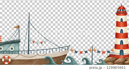 A charming and picturesque coastal scene featuring a beautifully designed lighthouse and a boat 129965661